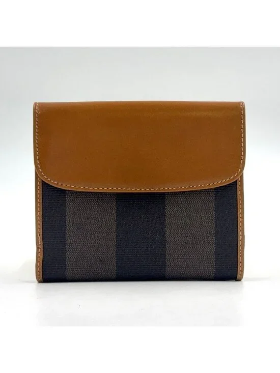 Fendi Pecan Leather Brown Beige Snap Wallet Gold