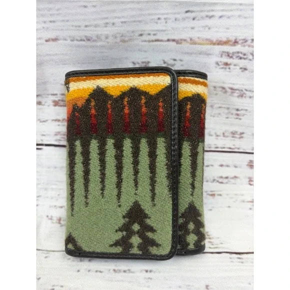 Pendleton Wool Trifold Wallet Mountain Scenic Sage Green Brown Snap Closure