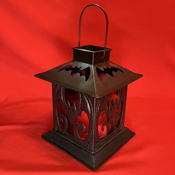 Illuminations Votive Lantern / Bats / Black Metal / Tea Light Holder / Red Glass