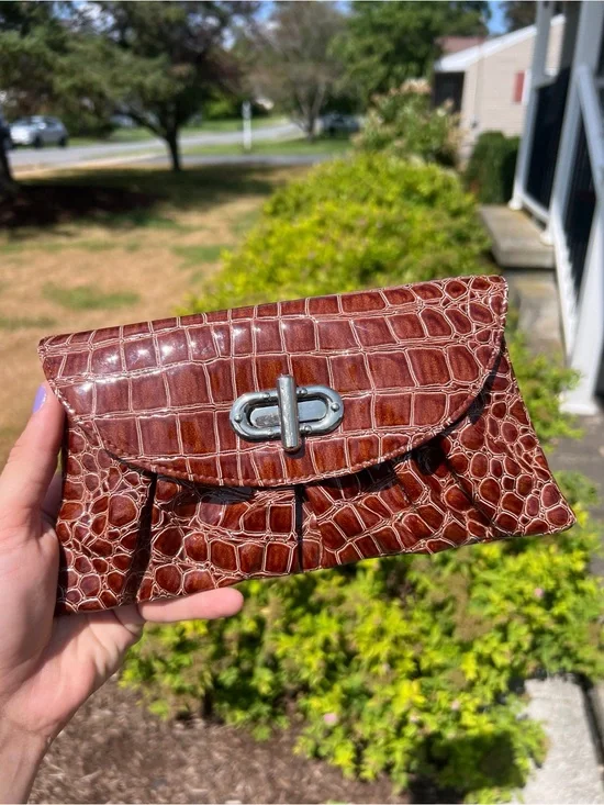 Vintage MSC Brown Faux Croc Wristlet Clutch Polka Dot Interior