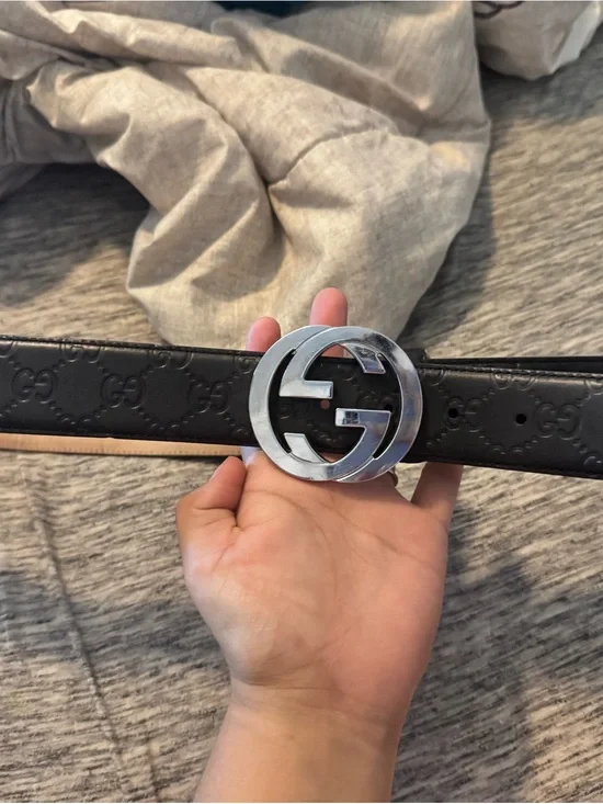 Gucci Black Leather GG Embossed Belt with Silver Double G Buckle