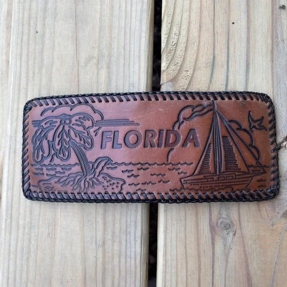 Vintage Leather Wallet Sportsman Hand Tooled Whipstitch USA Made Bifold Florida
