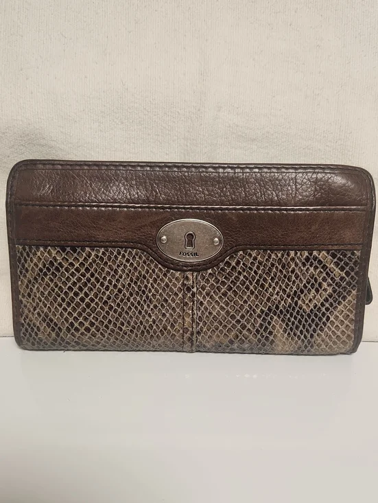 Fossil Dark Brown Leather Wallet with Snakeskin Accent