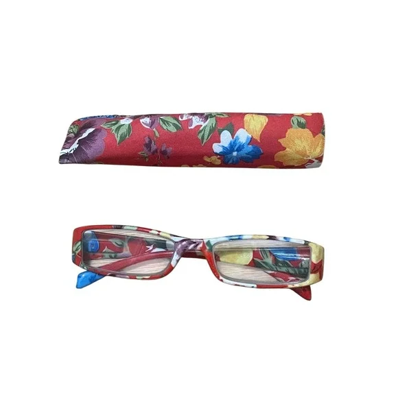 Red Floral Print Reading Glasses +3.00 Strength Rectangular Frames with Case