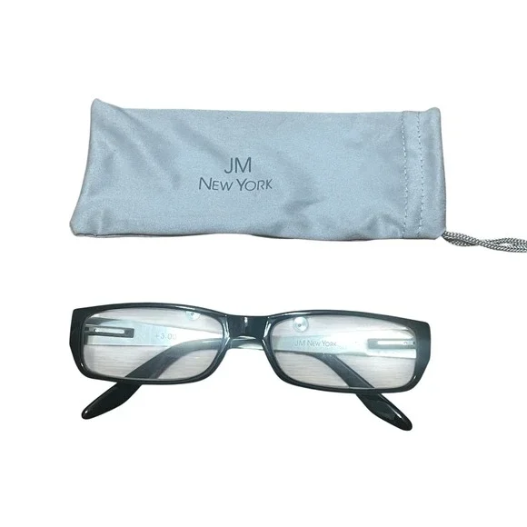 JM New York Women Black Rectangular Reading Glasses +3.00 Magnification Silver