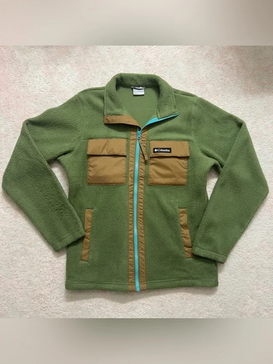 Columbia Olive Green Fleece Jacket with Tan Pockets and Turquoise Zipper