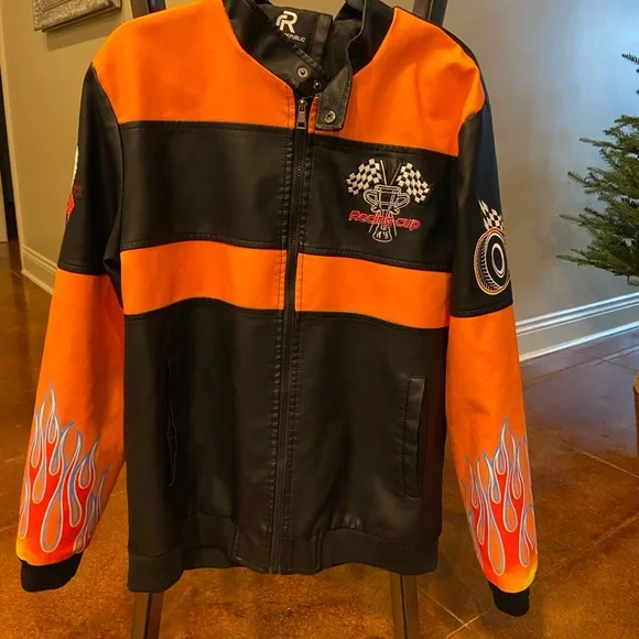 Racing Nascar Leather Jacket Refinery Republic‎ Orange Mens Large Licensed