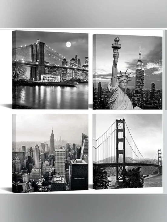 Set of 4 Black & White Cityscape Canvas Prints - Home Accents