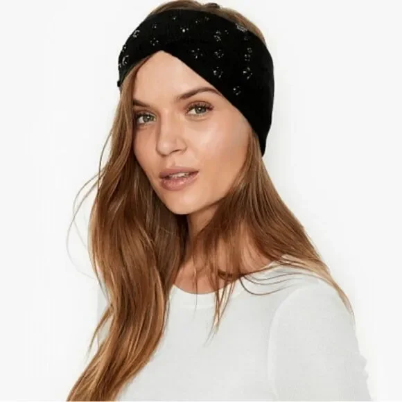 Victoria Secret Black Knit Jeweled Headband and Gloves Gift Set