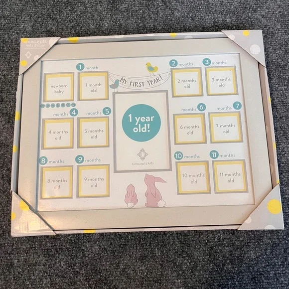 Concepts Kids Decor My First Year Baby Photo Frame Grey Yellow Bunny Bird NEW