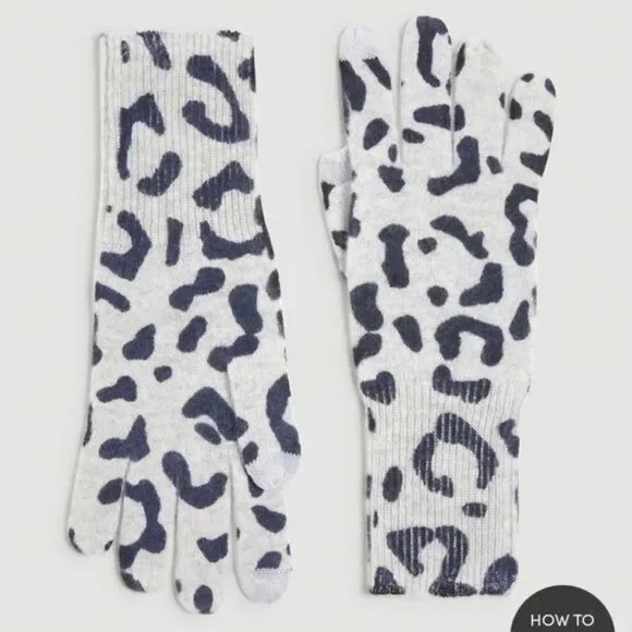 LOFT 100% Cashmere Leopard Animal Print Gloves Light Grey Black Luxury