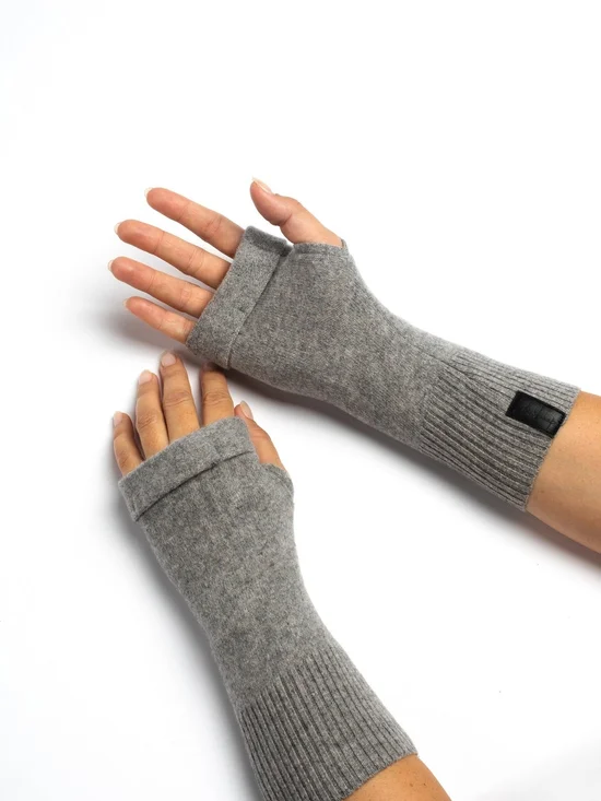 b.b. sheep 100% Cashmere Fingerless Gloves Heather Light Grey Soft Knit Cozy