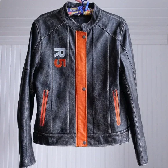 y2k‎ Private Divisions orange and black cafe racer leather jacket