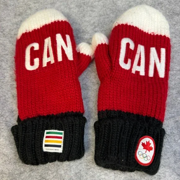 Hudson's Bay Team Canada Olympic Mittens Red White Black Knit Fleece Lined