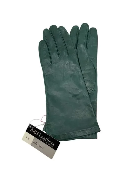 New Vintage Aris Isotoner Gloves Forest Green Leather Silk Lined Size 7 1/2