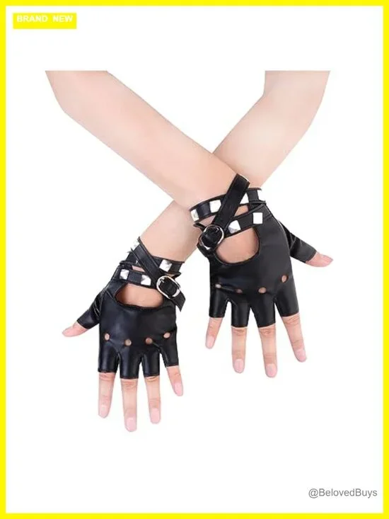 Women PU Leather Punk Half Finger Gloves with Straps and Rivets for Costume