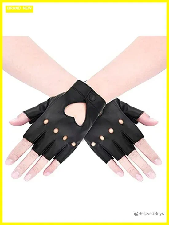 PU Leather Fingerless Gloves with Heart Cutout Punk Rock Halloween Costume