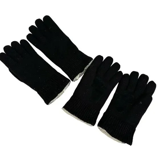 2 Pairs Black Knit Gloves Fleece Sherpa Lined