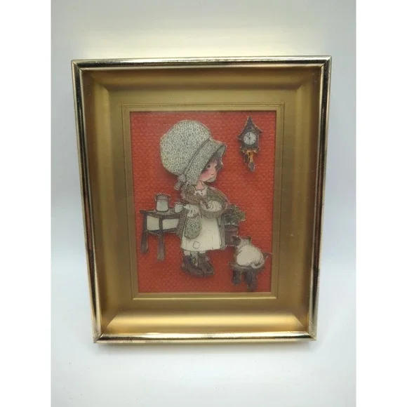 Vintage 70s Holly Hobbie Shadow Box 3D Layered Paper Art Gold Frame Glass 5.75in