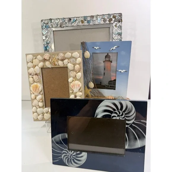 Coastal Beach Picture Frame Vintage Set 4pc Seashell Abalone Lighthouse Nautical