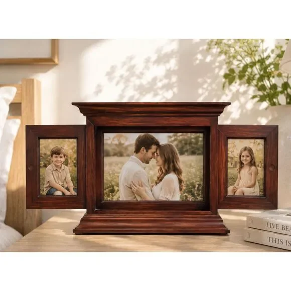 Vintage Style Sliding Photo Frame Dark Cherry Wood Architectural Design