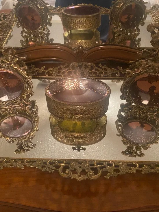 Vintage Ornate Cherub Vanity Set with Mirrored Tray  Beautiful vintage