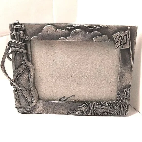 Golf Themed Pewter Picture Photo Frame Easel Back Vintage