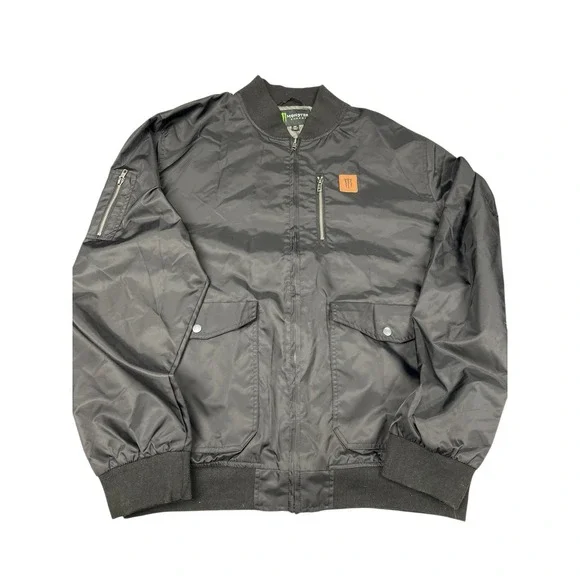 Monster Energy‎ Jacket Men's M Black Full Zip Bomber Windbreaker Flap Pockets