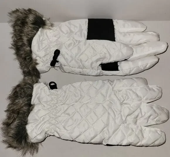 Natural Reflections White Insulated Gloves Quilted Gathered Faux Fur Trim L/XL