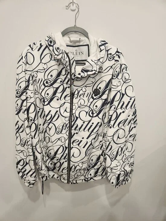 PHILIPP PLEIN Switzerland Allover Script Logo Print Hooded Windbreaker Jacket