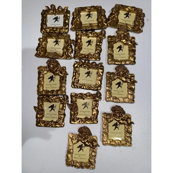 VTG‎ Set of 13 Gold Toned Two's Company Small Photo Frames Angel Cherub Ribbon N