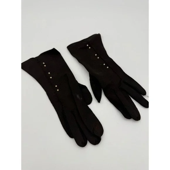 Vintage Lady‎ Gay Black Stretch Nylon Gloves Size 7 Pearl Button Mid Century