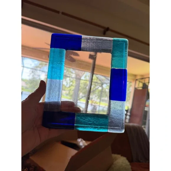 Fused Glass Picture Frame Blue colorblock Geometric