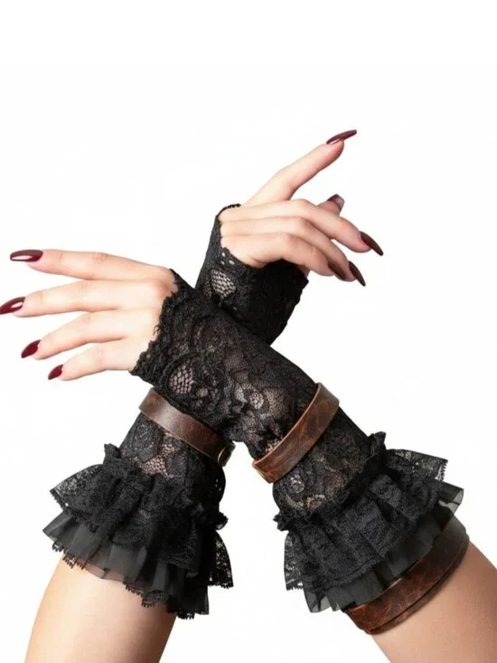 Black Lace Ruffle Wrist Arm Warmer Cuffs One Size NWT