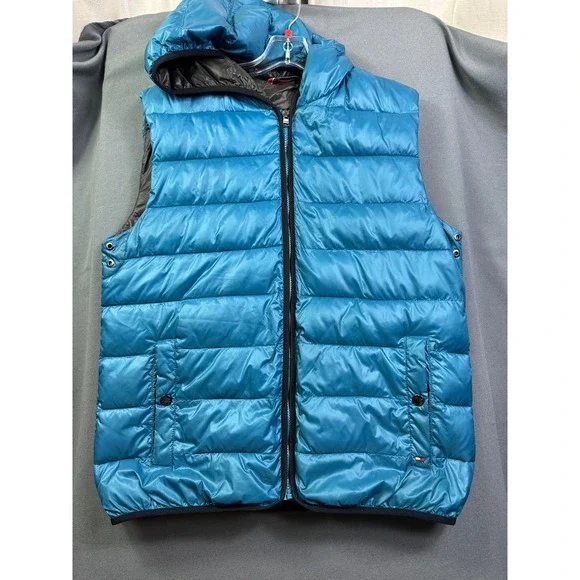 Tommy Hilfiger Men's Puffer Vest Teal‎ Blue Hooded Quilted Full Zip Size Large