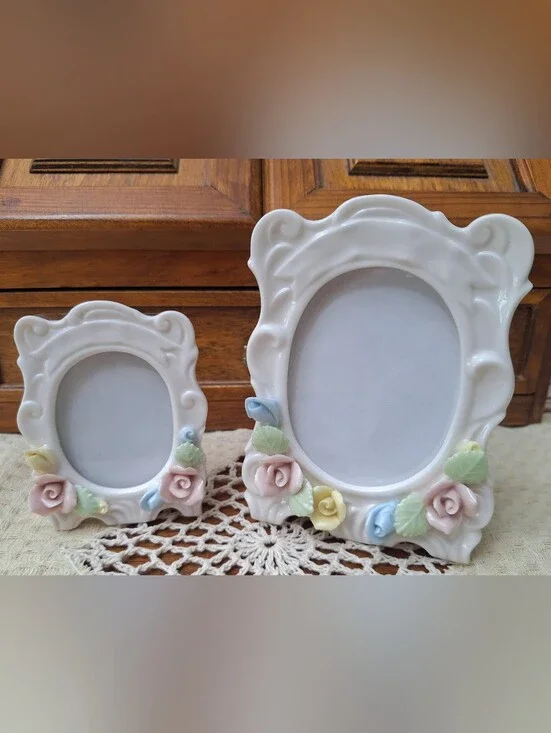 Vintage Set Of 2 Porcelain, Ceramic Picture Frames. Rose, 3D, Scroll
