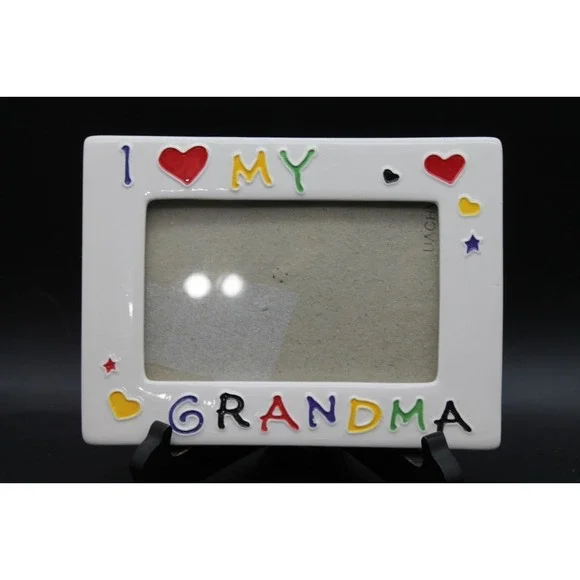 I Love My Grandma Ceramic Picture Frame Colorful Hearts Stars Vintage 4x6