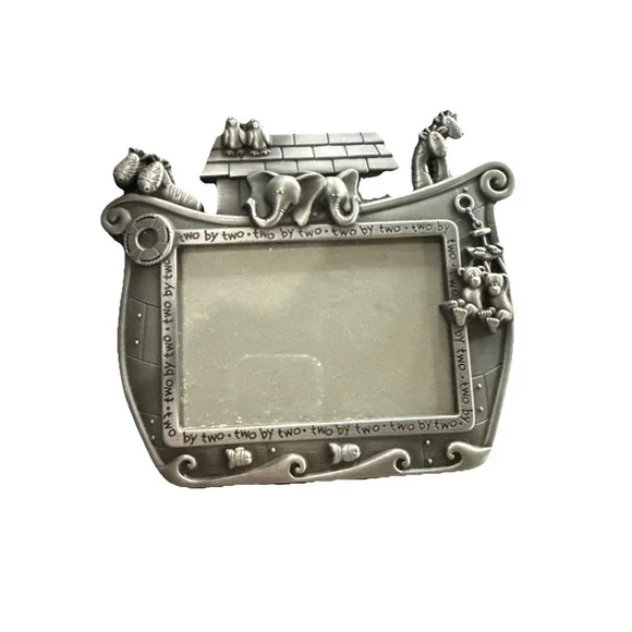 Pewter Photo Frame Noah's Ark Two By Two Baby Toddler Holds Photo 3.5 In x 5 In