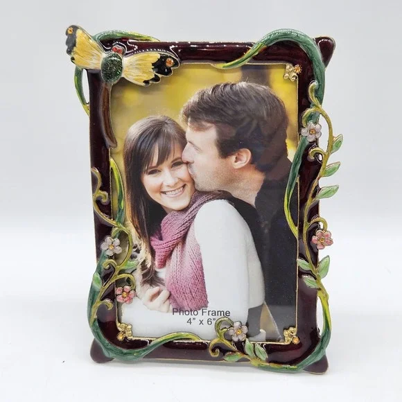 Jeweled Picture Frame Purple 3D Dragonfly Flower Floral Gemstone Enamel 4x6
