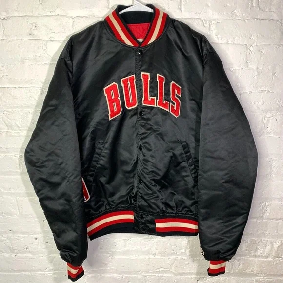 Vintage Chicago Bulls 80s STARTER Jacket #23 Satin Snap Bomber‎ NBA Black Red XL