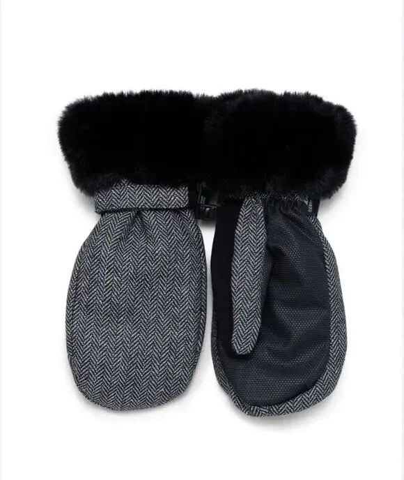 Ozark Trail Women's Gray Herringbone 3M Thinsulate Ski Mittens Faux Fur Size S/M