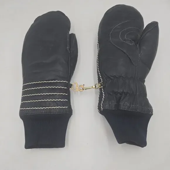Retro Grandoe Womens (M) Blue Leather Vintage Mittens Wool Blend Lined Ski Lodge