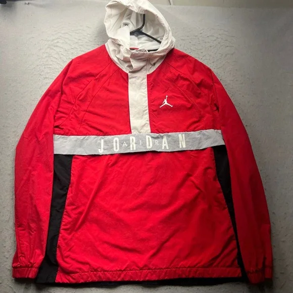 Jordan Mens Red White Black Anorak Windbreaker Jacket Spellout Size M 2484
