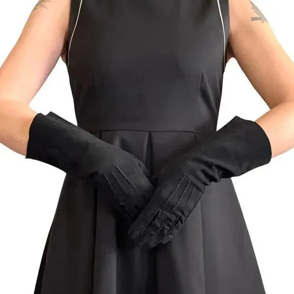 Vintage Leather-Tailored Black Fabric Forearm Long Evening Gloves Size 7