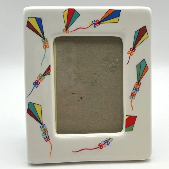 Vtg 90s Ceramic Kite Picture Frame Colorful Bows Kidcore Playful Decor 3.5x4.5