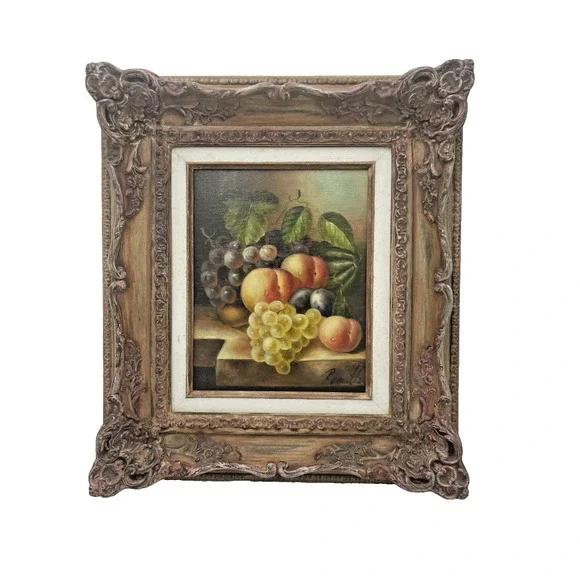 Vintage Still Life Fruit Oil‎ on Canvas Ornate Baroque Frame Signed 14 x 16