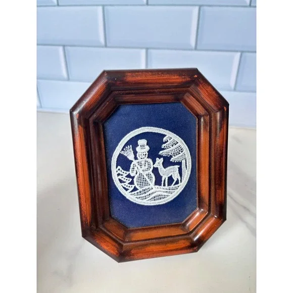 Authentic Belgian Lace Snowman and Deer Framed Art Winter Decor Blue Velvet 4.5