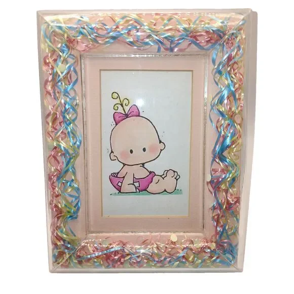 Borden Borders Lucite Confetti Ribbon Baby Pink Blue Picture Frame 4x6 Photo