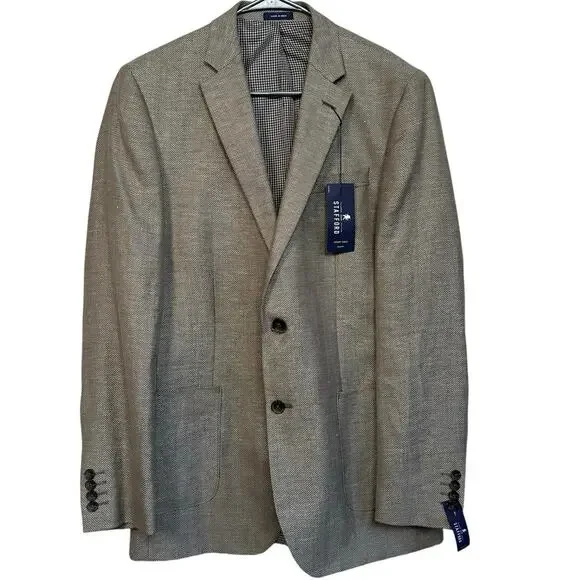 Stafford Men’s Taupe Herringbone Slim Fit Linen Wool Sports Coat Blazer Size 40L