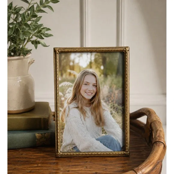 Vintage Gold Tone 5x7 Picture Frame Embossed Edge Tabletop Decor